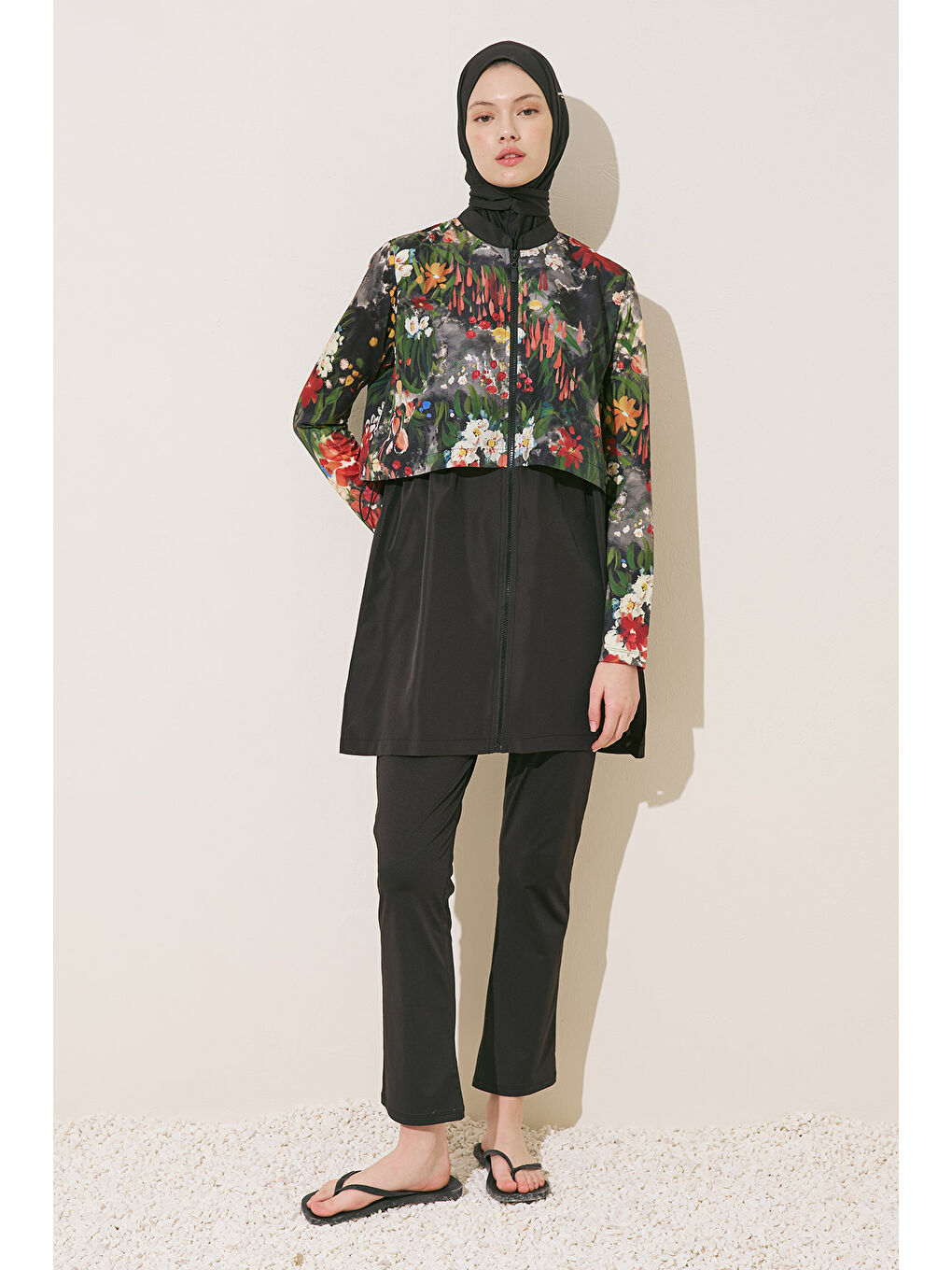 Bej Fermuarlı 3'Lü Tesettür Mayo Takım Dark Garden-1