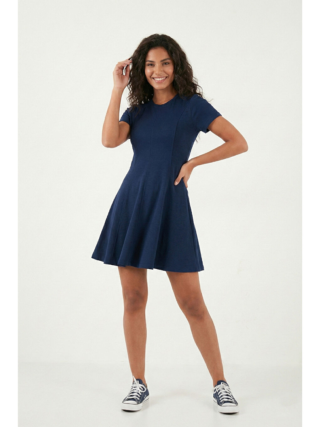 Lacivert Regular Fit Bisiklet Yaka Pileli Kadın Mini Elbise 5866342-4
