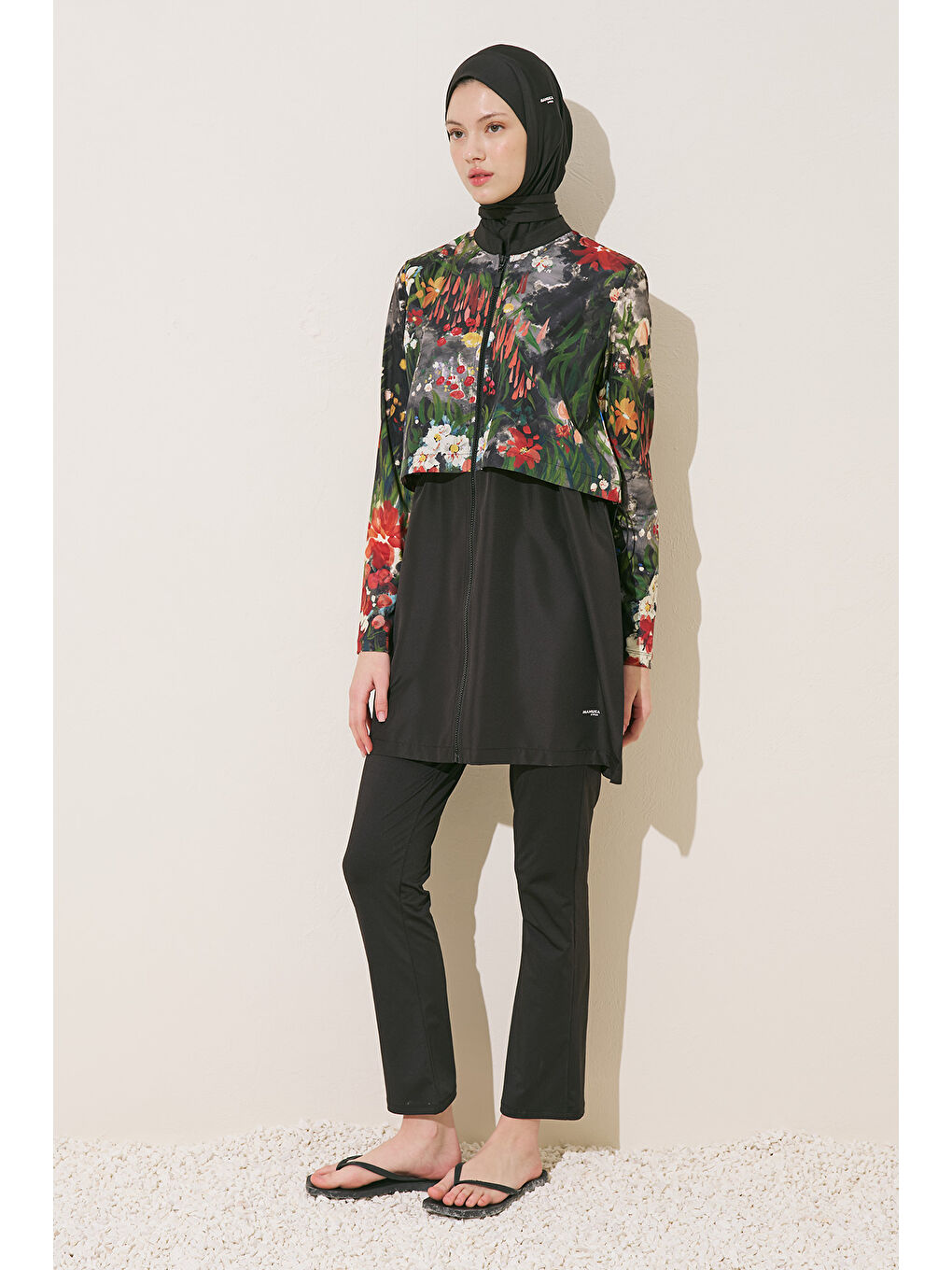 Bej Fermuarlı 3'Lü Tesettür Mayo Takım Dark Garden-2