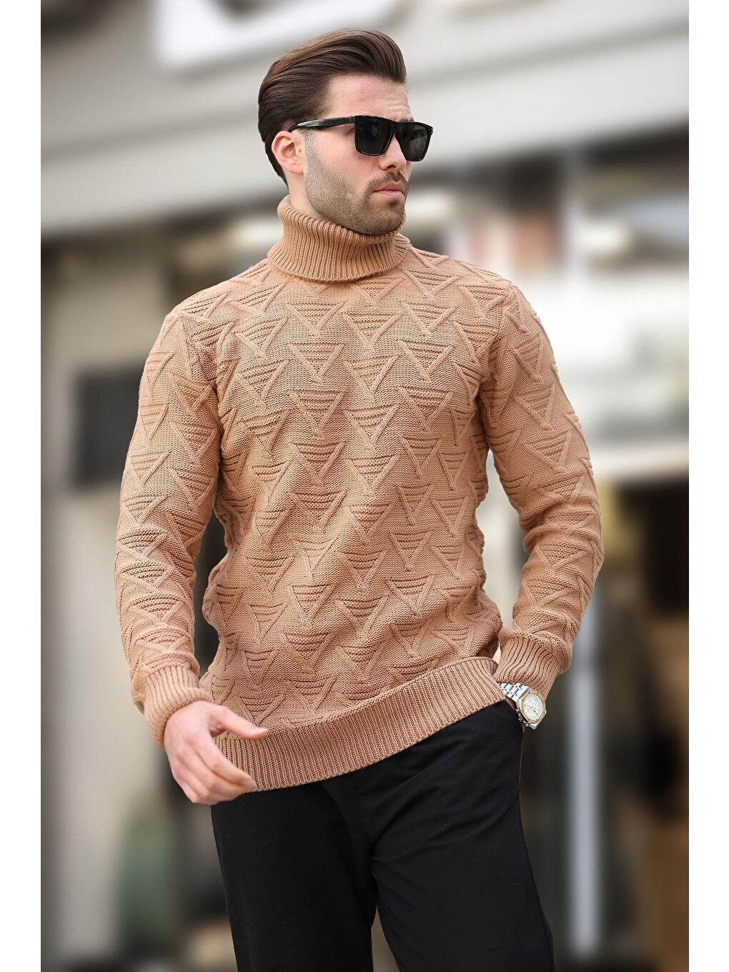 Kahverengi Camel Balıkçı Yaka Desenli Erkek Kazak E7292-1