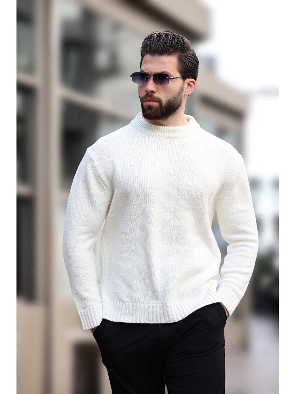 Ekru Bisiklet Yaka Overfit Erkek Triko Kazak E7402-4