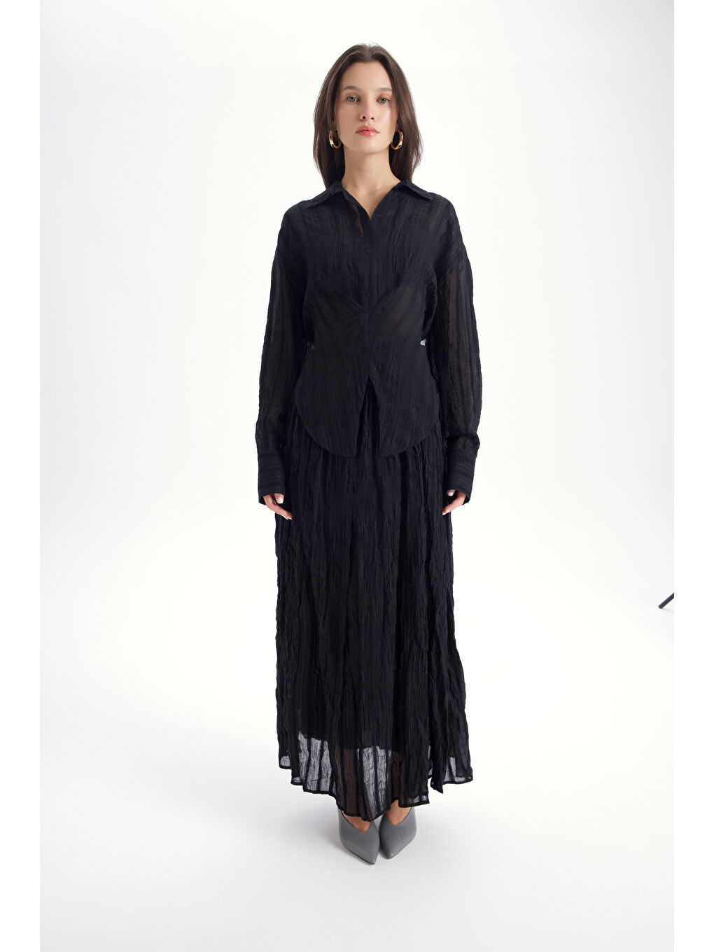 Tanoa Çizgi Desen Siyah Uzun Etek-5