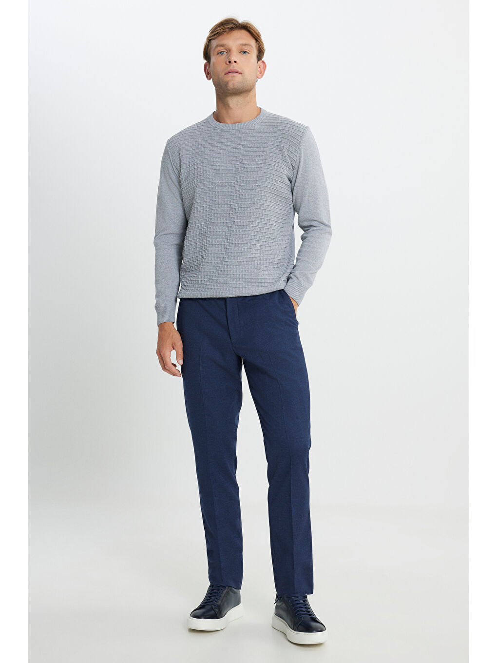 Erkek Lacivert Slim Fit Dar Kesim Beli Lastikli Kazayağı Desenli Yan Cep Esnek Klasik Pantolon