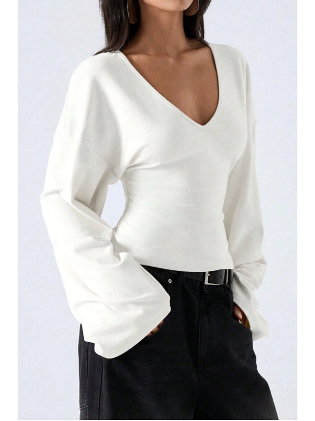 Beyaz Kadın V Yaka Uzun Kollu Belden Oturtmalı Bluz