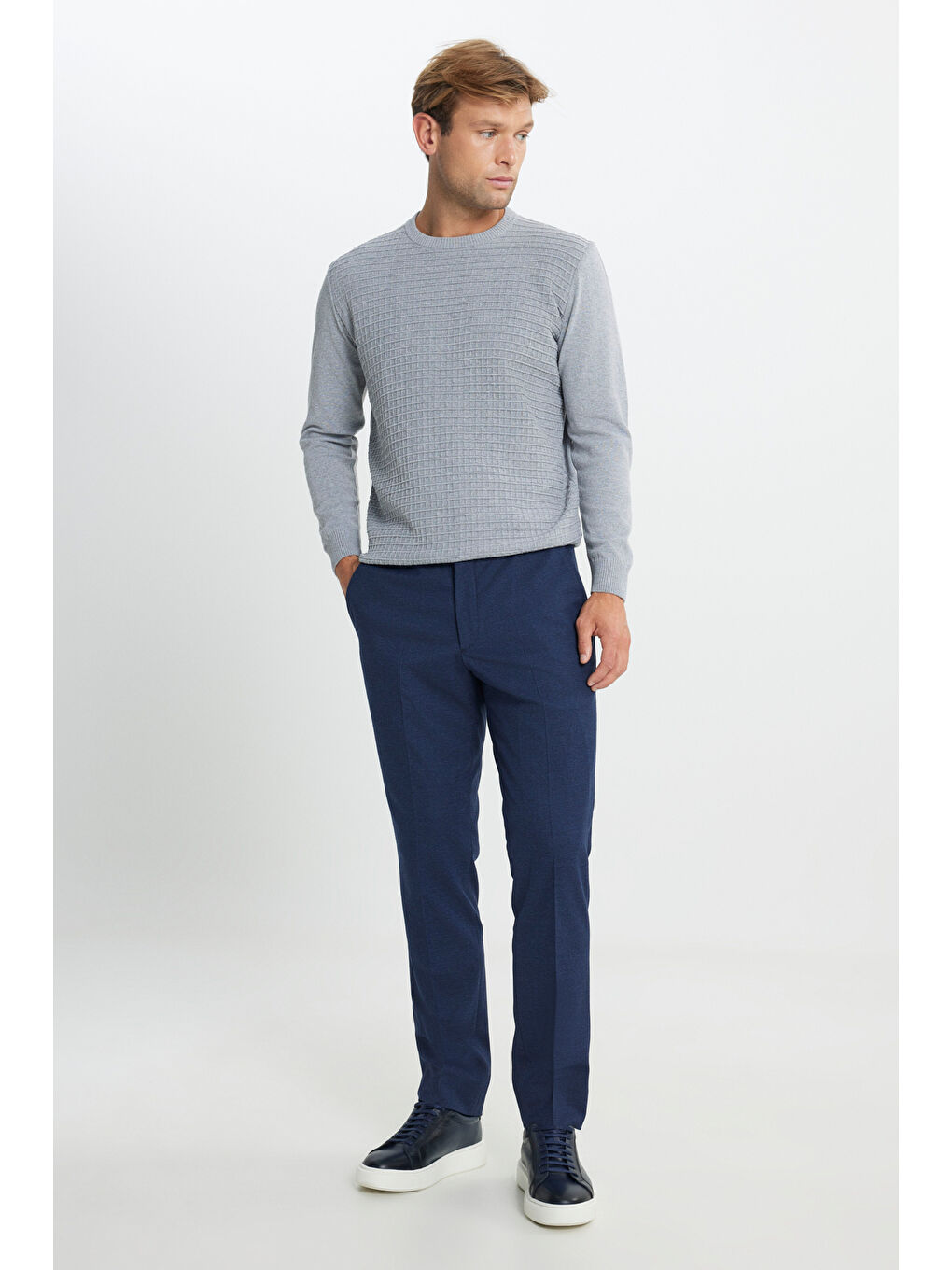 Erkek Lacivert Slim Fit Dar Kesim Beli Lastikli Kazayağı Desenli Yan Cep Esnek Klasik Pantolon-2