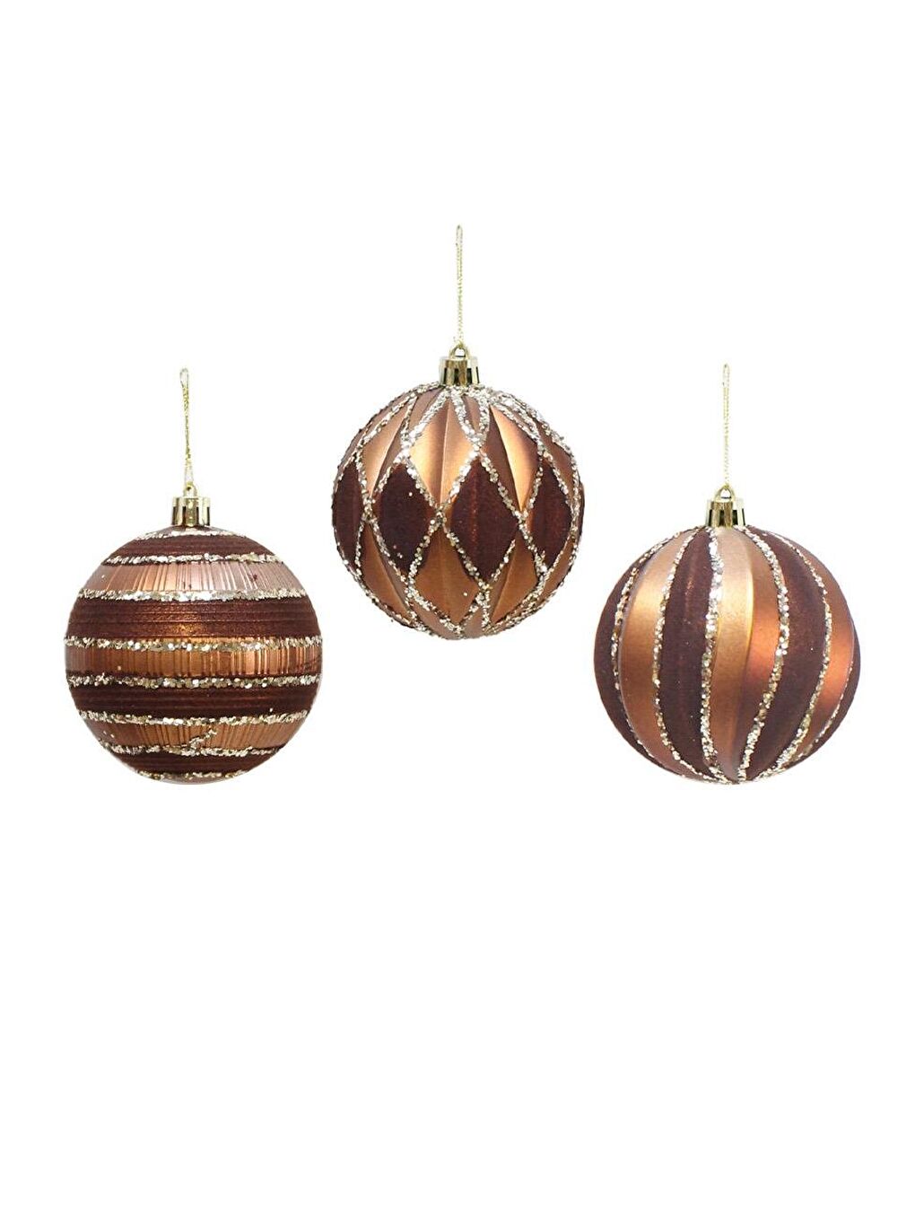 Sarı Yılbaşı Topu Karışık Desen – Kahverengi Bronz Işıltılı Çam Ağacı Süsü 8 cm 3'lü-1