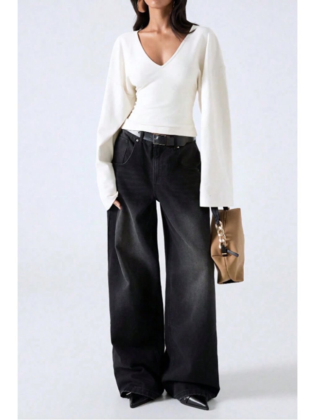 Beyaz Kadın V Yaka Uzun Kollu Belden Oturtmalı Bluz-1