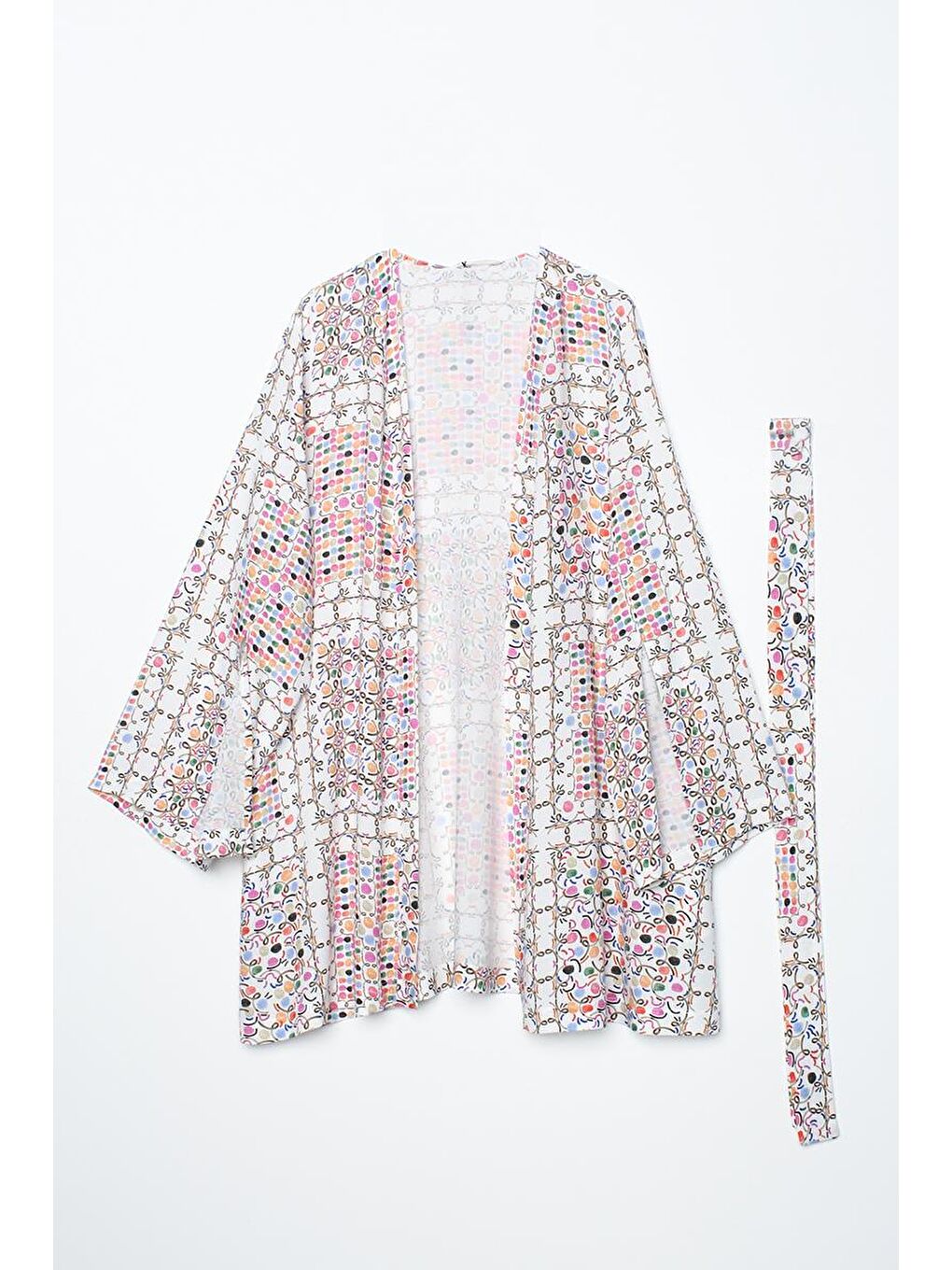 ALLDAY Beyaz-Pembe-Oversize Kol Yırtmaç Detaylı Kuşaklı Desenli Kimono - 6