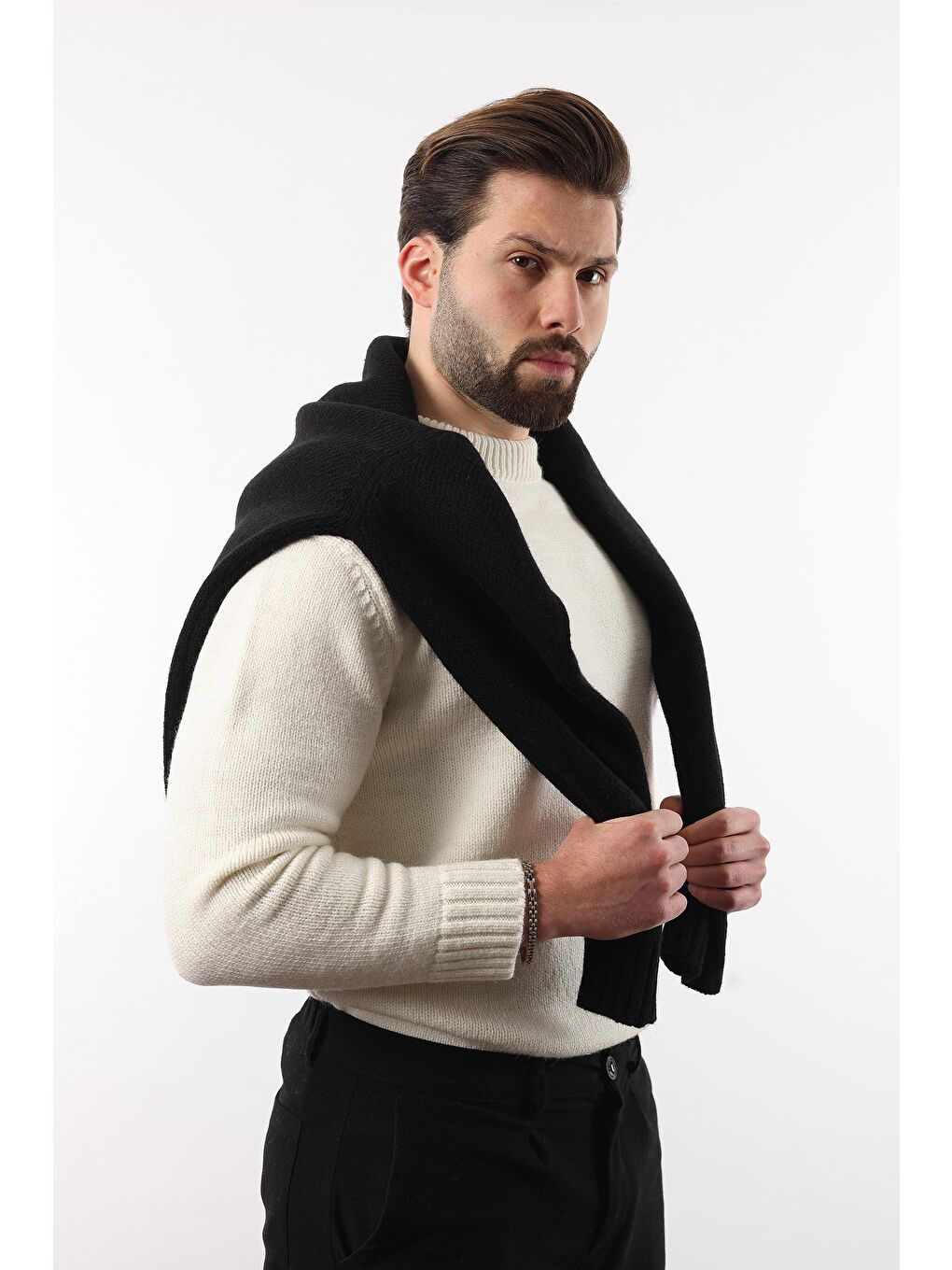 Ekru Bisiklet Yaka Overfit Erkek Triko Kazak E7402-5