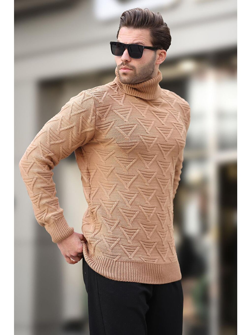 Kahverengi Camel Balıkçı Yaka Desenli Erkek Kazak E7292-2