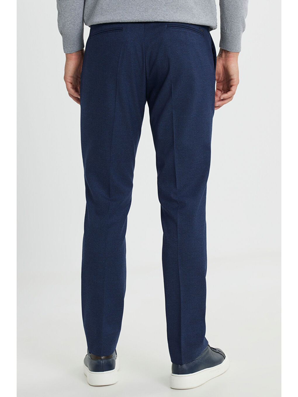 Erkek Lacivert Slim Fit Dar Kesim Beli Lastikli Kazayağı Desenli Yan Cep Esnek Klasik Pantolon-4