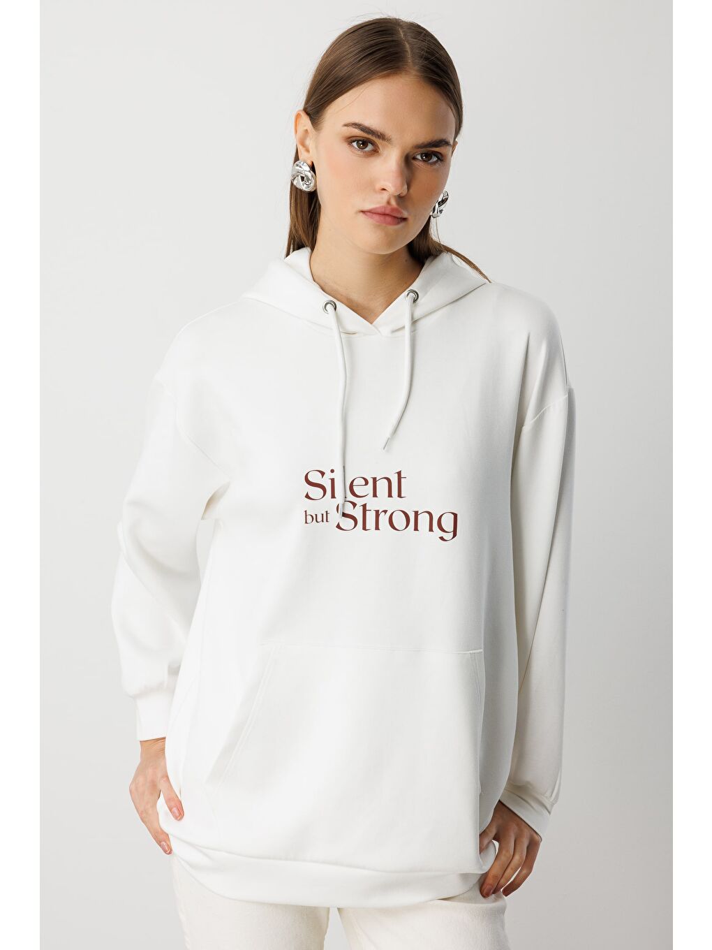 Yumuşak Dokulu Kapüşonlu Ekru Sweatshirt-1