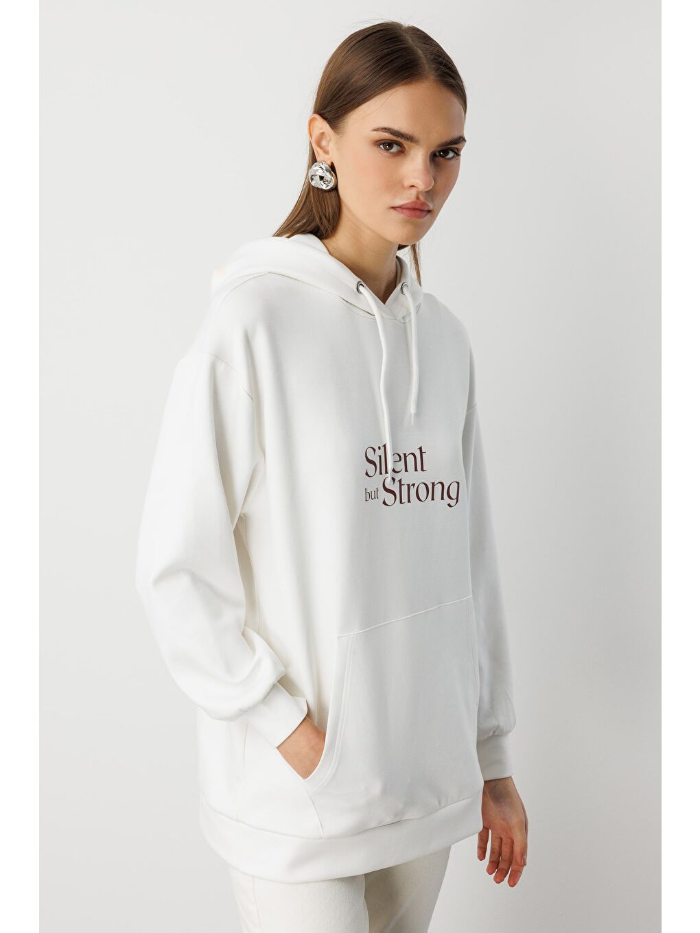 Yumuşak Dokulu Kapüşonlu Ekru Sweatshirt-2