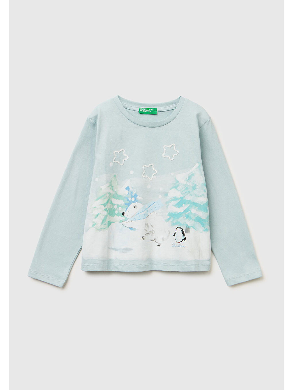 Kız Çocuk Su Yeşili Önü Baskılı Hafif Kloş Bisiklet Yaka Uzun Kollu T-shirt