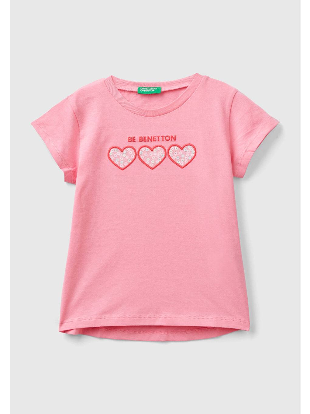 United Colors Of Benetton Pembe Kız Çocuk Pembe Payetli Logo İşlemeli Yaz T-Shirt