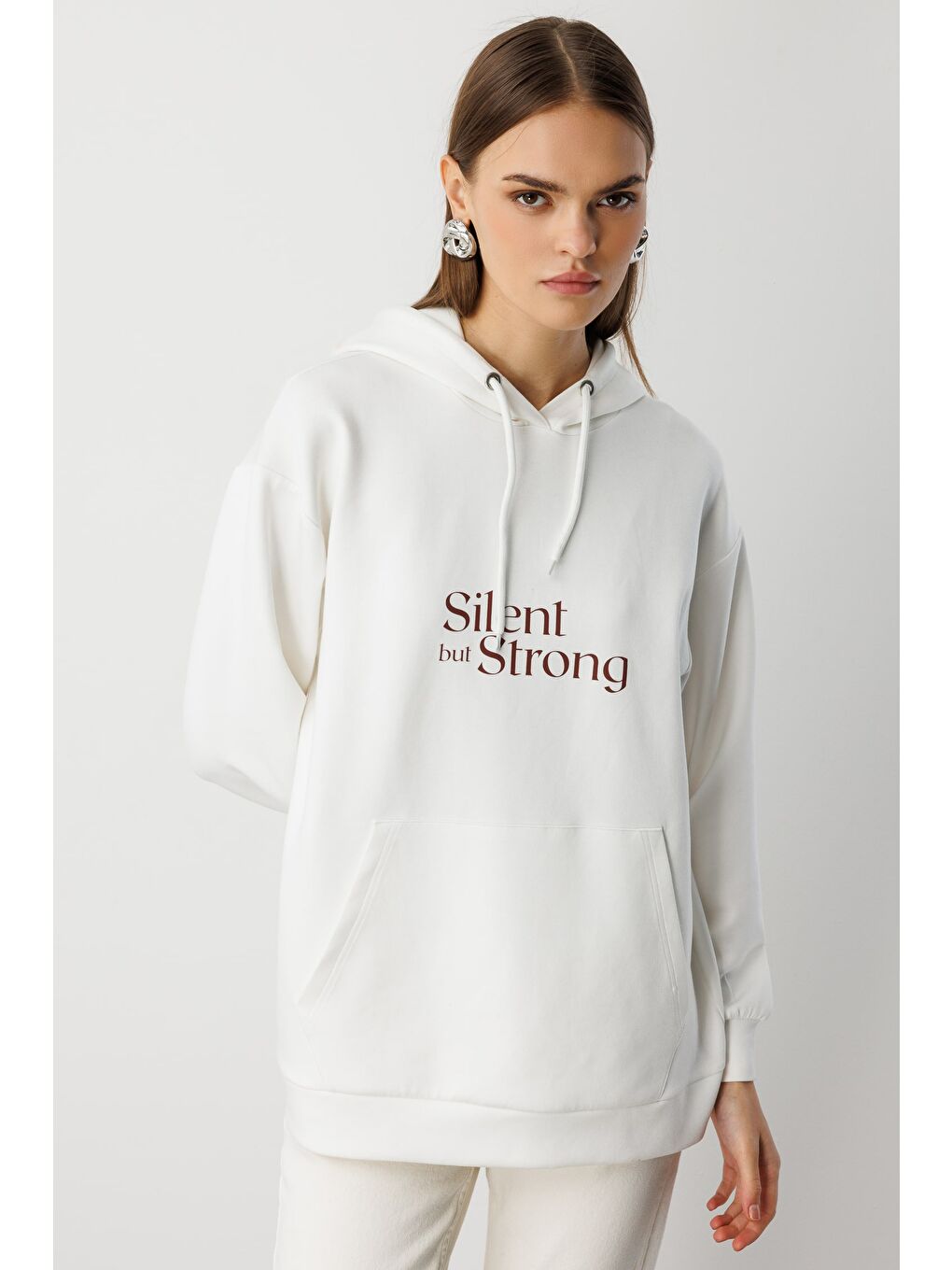 Yumuşak Dokulu Kapüşonlu Ekru Sweatshirt-3