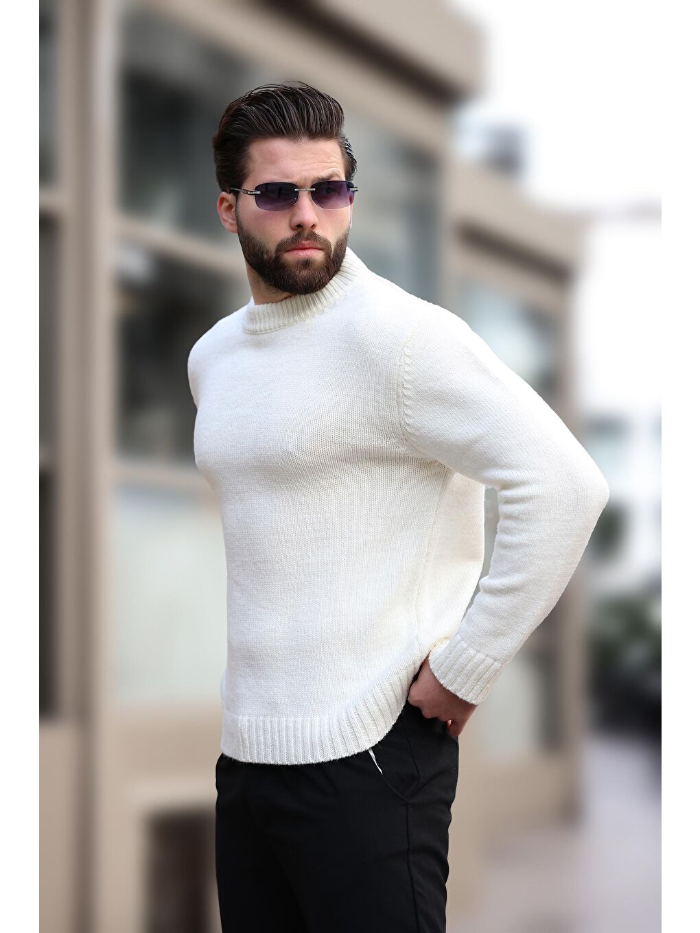 Ekru Bisiklet Yaka Overfit Erkek Triko Kazak E7402-6