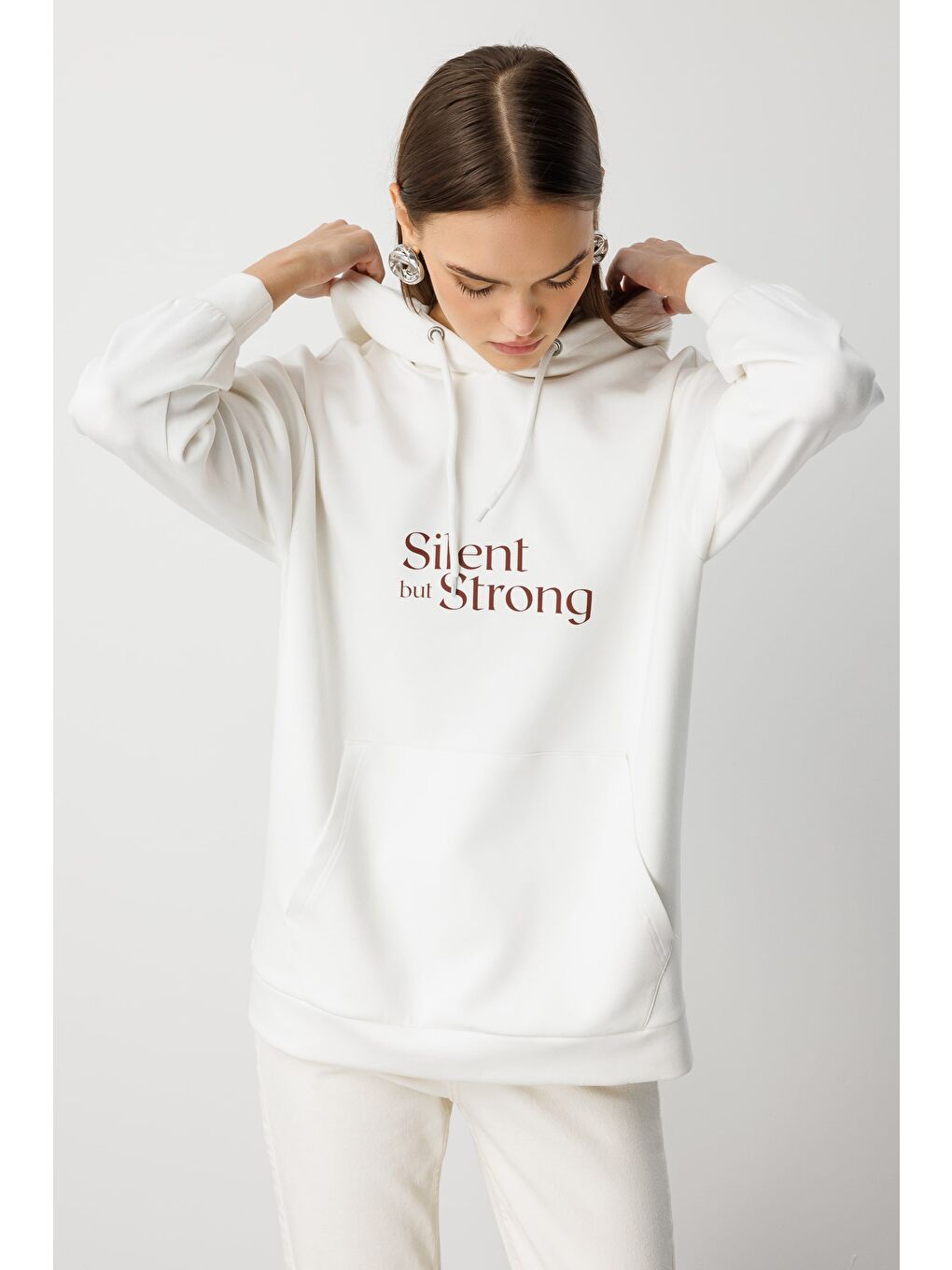 Yumuşak Dokulu Kapüşonlu Ekru Sweatshirt-4