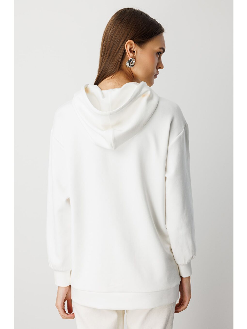 Yumuşak Dokulu Kapüşonlu Ekru Sweatshirt-5