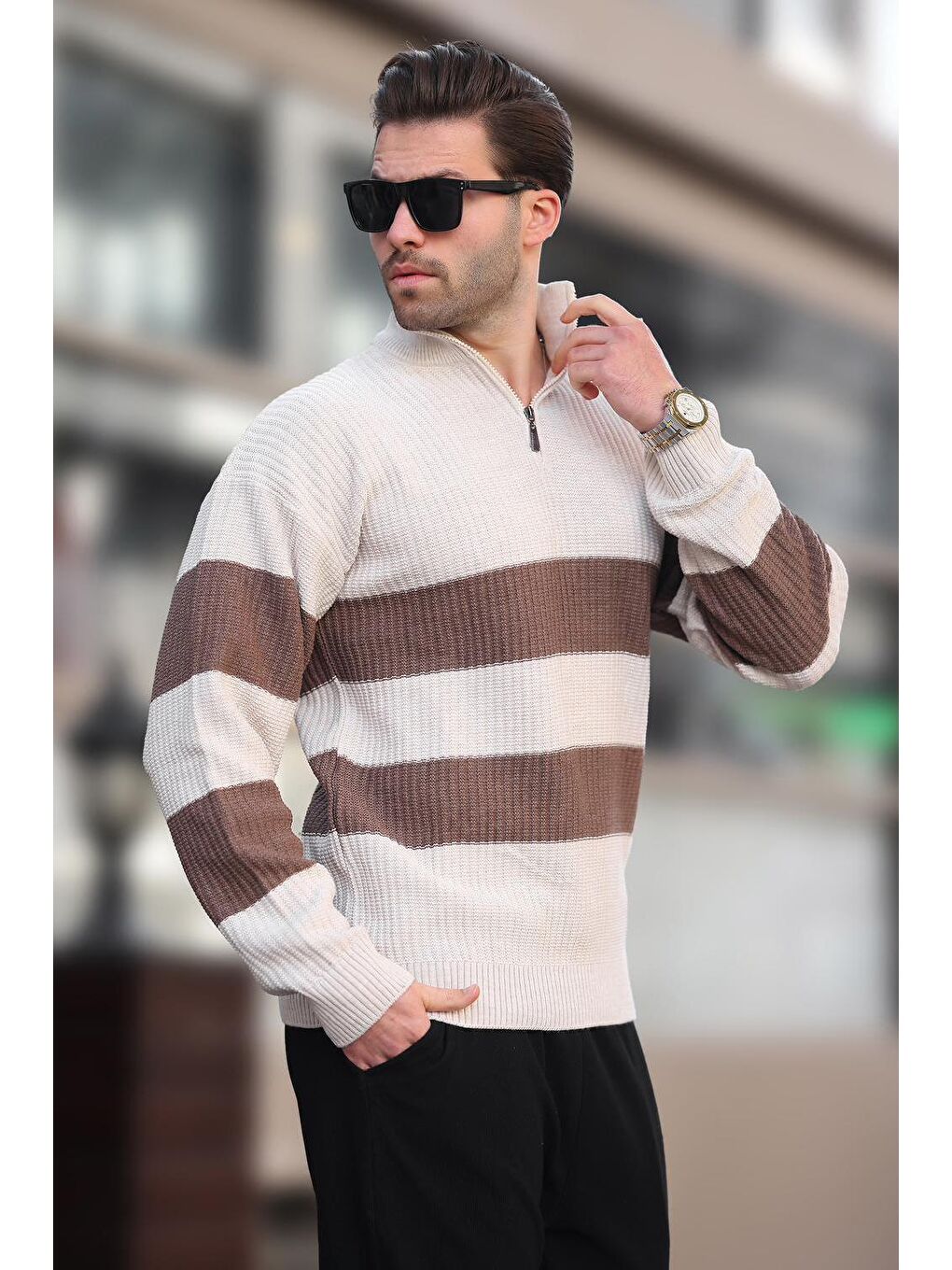 Bej Taş Rengi Fermuar Yaka Çizgili Erkek Kazak E7272-1