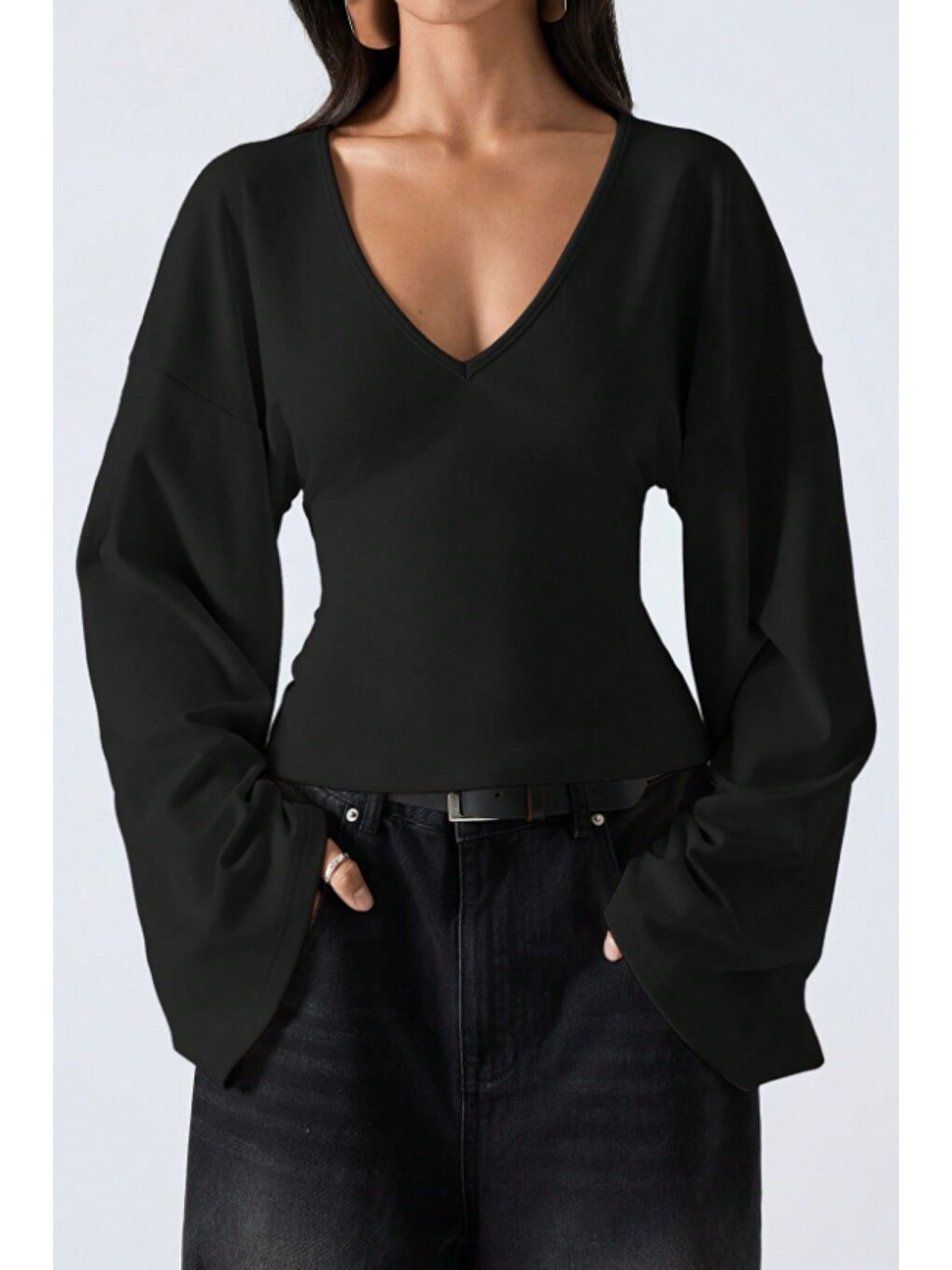 Siyah Kadın V Yaka Uzun Kollu Belden Oturtmalı Bluz-3