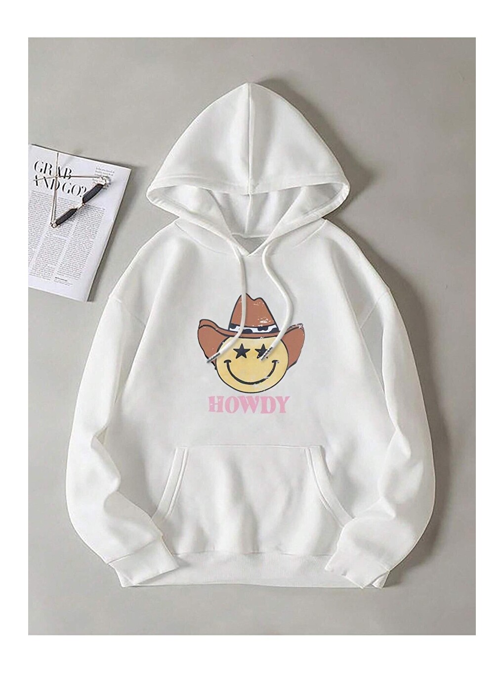 Kadın Beyaz Howdy Baskılı Kapüşonlu Sweatshirt-2
