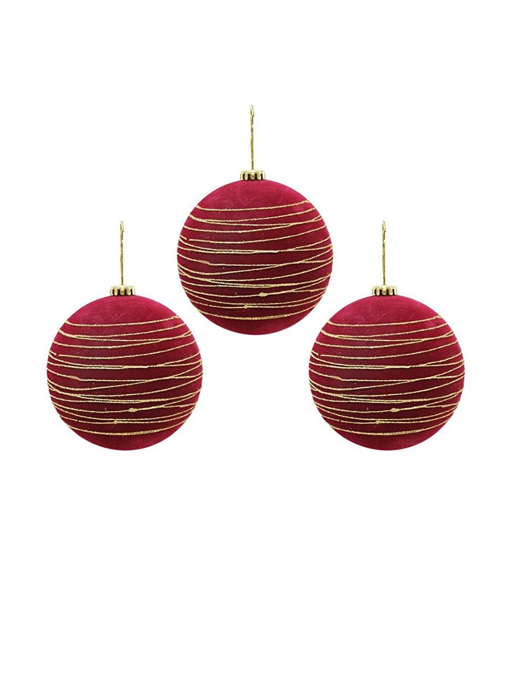 Kadife Yılbaşı Topu – Altın Simli Çam Ağacı Süsü Bordo 10 cm 3'lü-1
