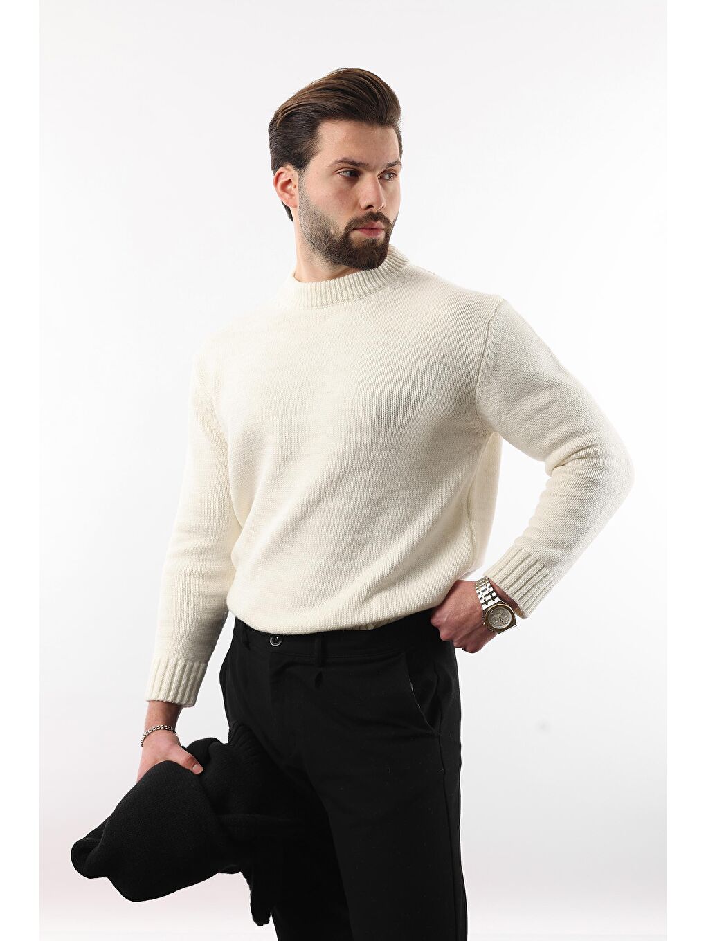 Ekru Bisiklet Yaka Overfit Erkek Triko Kazak E7402-7