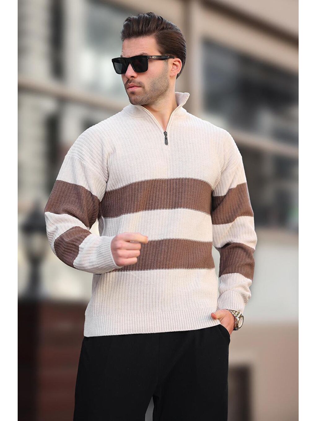 Bej Taş Rengi Fermuar Yaka Çizgili Erkek Kazak E7272-2