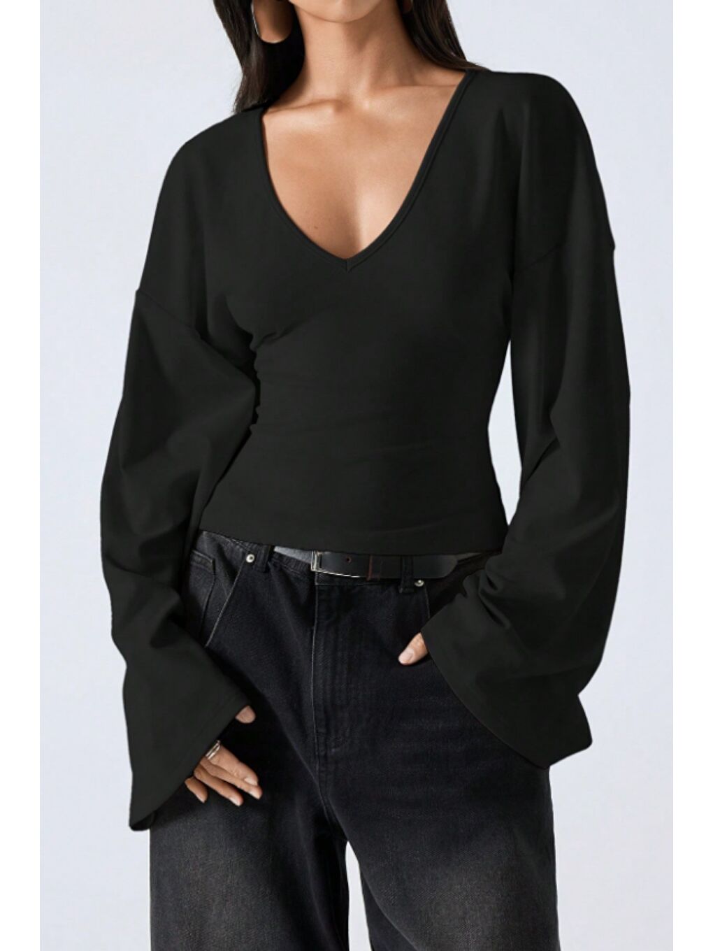 Siyah Kadın V Yaka Uzun Kollu Belden Oturtmalı Bluz-4