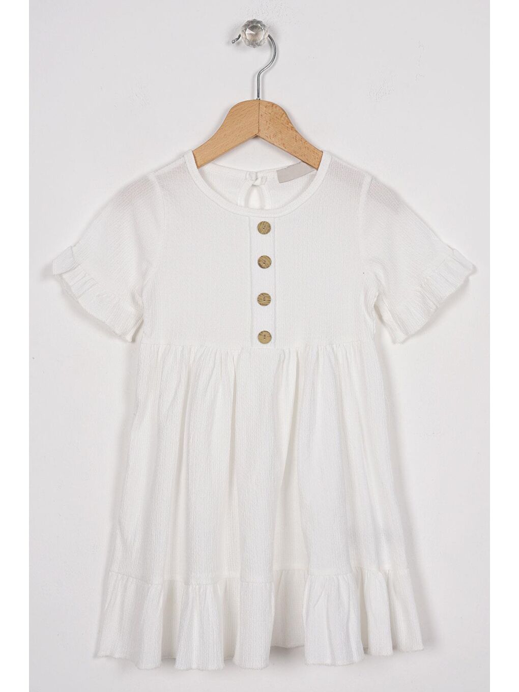 Bisiklet Yaka Kısa Kol Fırfırlı Düğmeli Ekru Renk Kız Çocuk Elbise