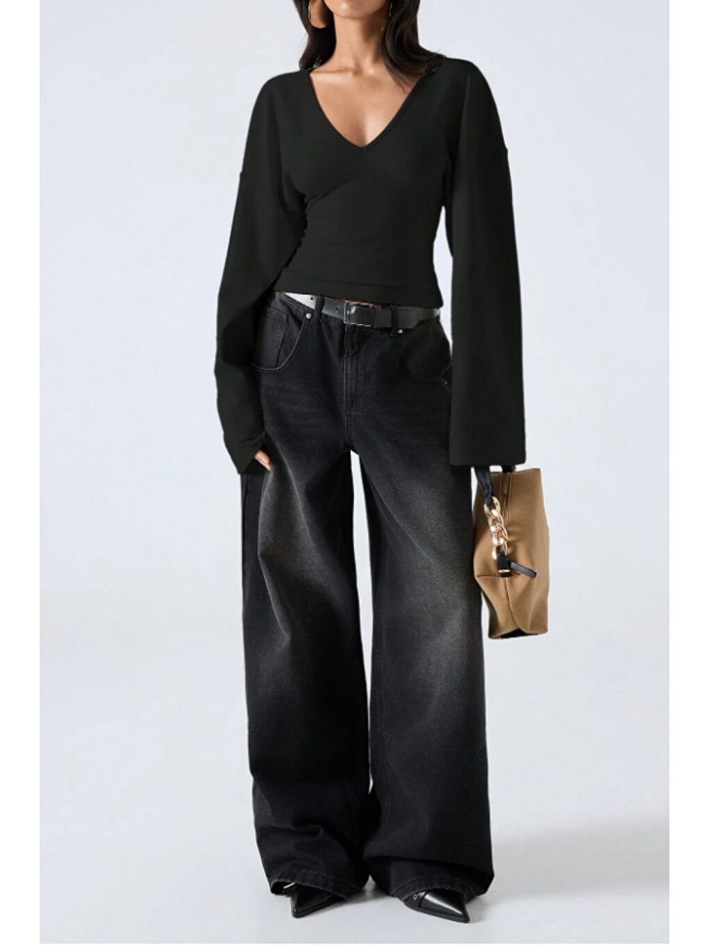 Siyah Kadın V Yaka Uzun Kollu Belden Oturtmalı Bluz-5