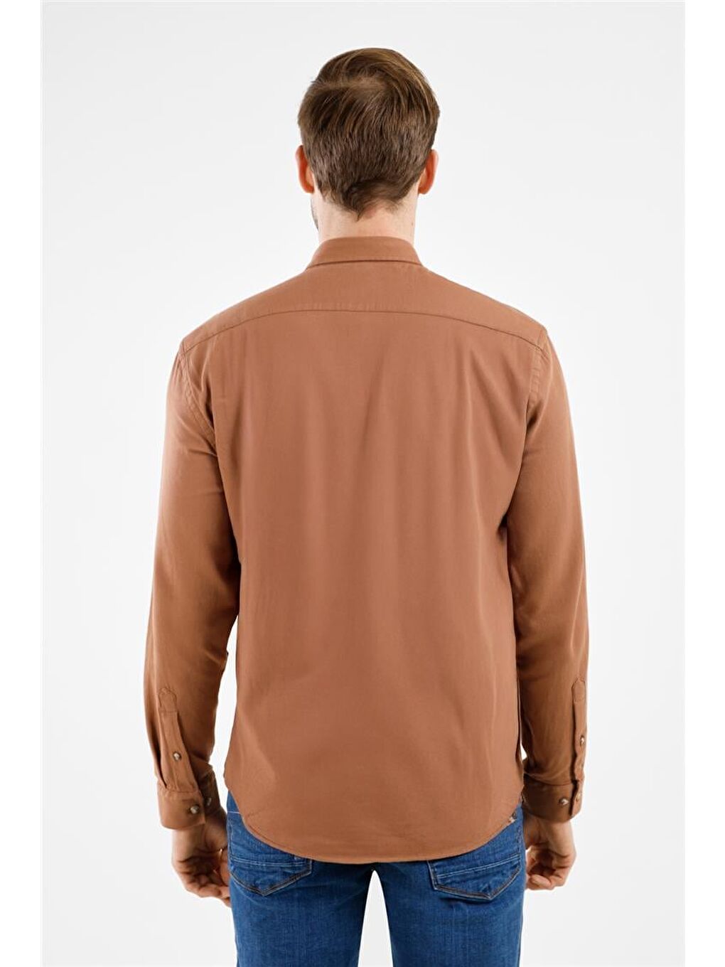 Açık Bej Düğmeli Yaka Uzun Kol Cepli Slim Fit %100 Pamuk Gömlek 1004255213-4