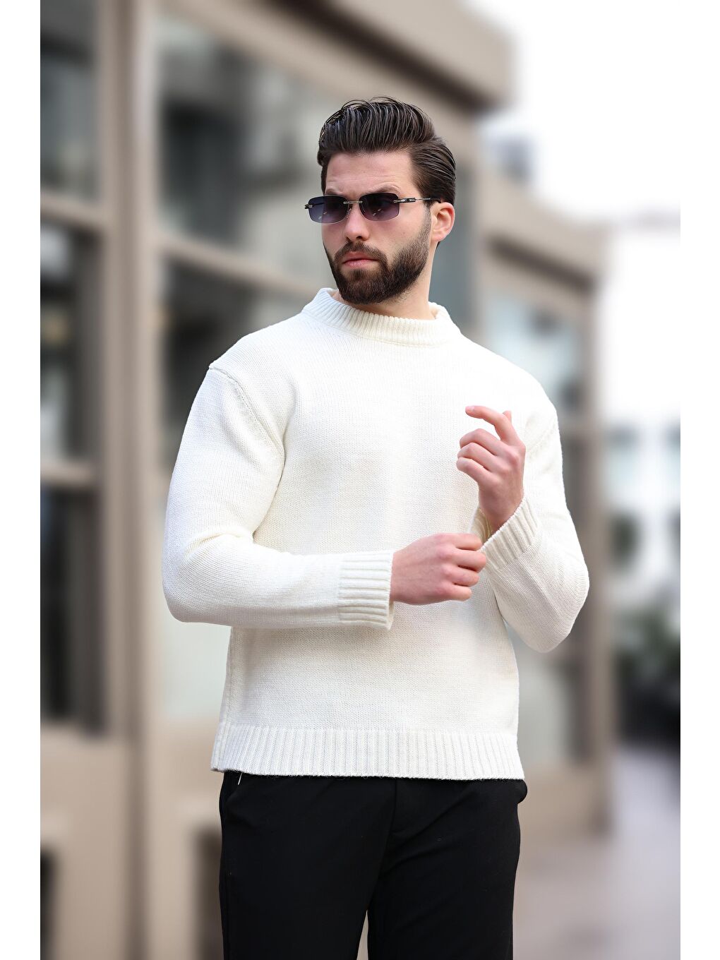 Ekru Bisiklet Yaka Overfit Erkek Triko Kazak E7402-8