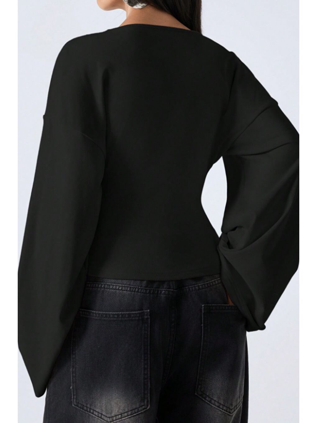 Siyah Kadın V Yaka Uzun Kollu Belden Oturtmalı Bluz-6