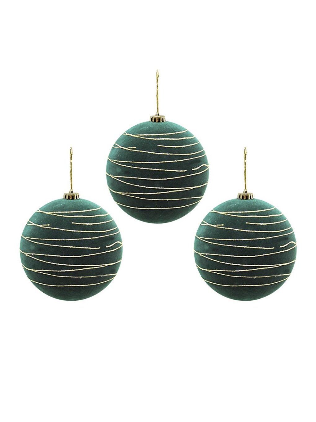 Kadife Yılbaşı Topu – Altın Simli Çam Ağacı Süsü Yeşil 10 cm 3'lü-1