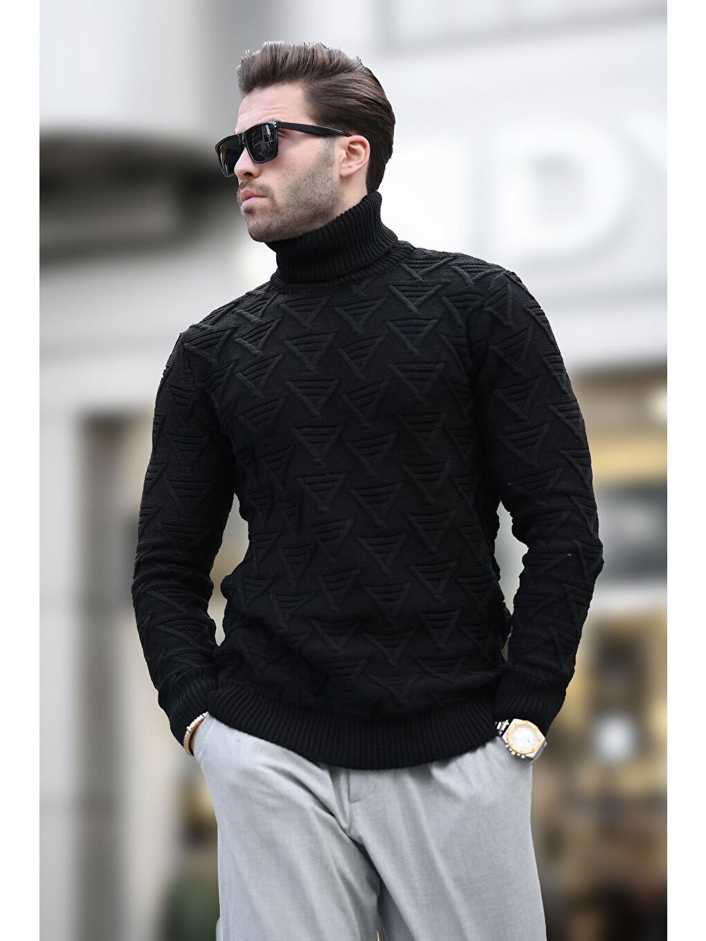 Siyah Balıkçı Yaka Desenli Erkek Kazak E7292