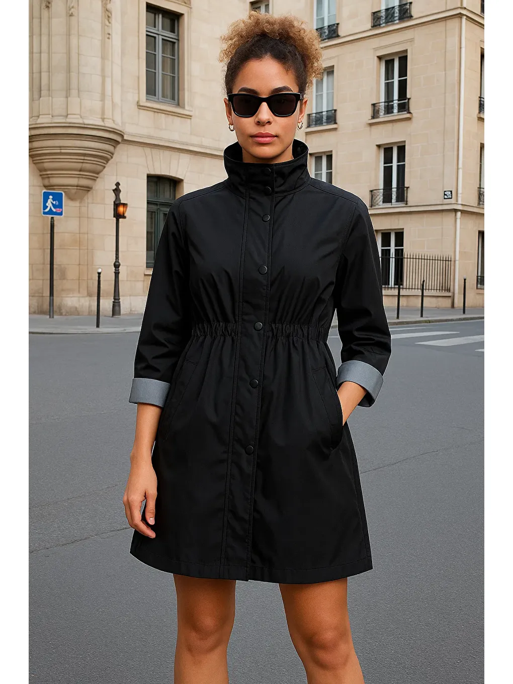 Kadın Büzgülü Premium Siyah Kısa Trençkot