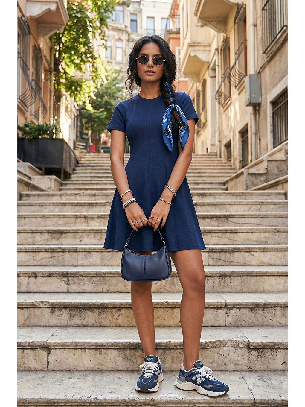 Lacivert Regular Fit Bisiklet Yaka Pileli Kadın Mini Elbise 5866342