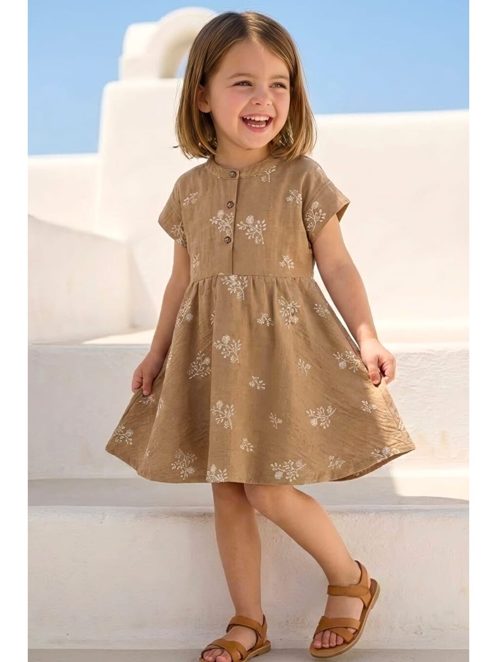 Bej Kız Çocuk Nakış Detaylı Düğmeli Elbise - Beige