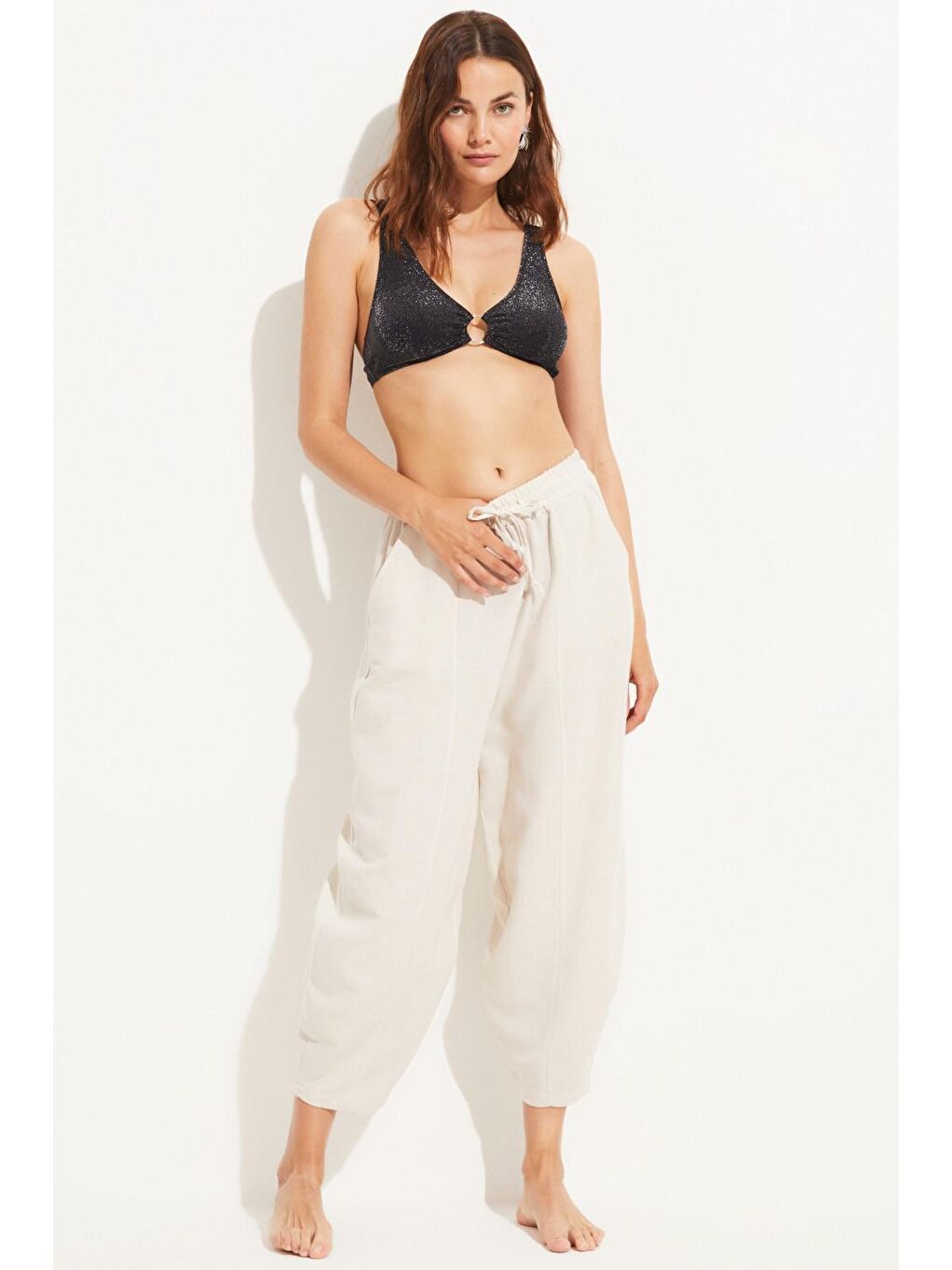 Bej Beli Lastikli Viskon Pantolon-1