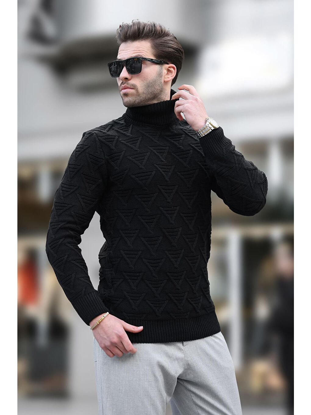 Siyah Balıkçı Yaka Desenli Erkek Kazak E7292-1