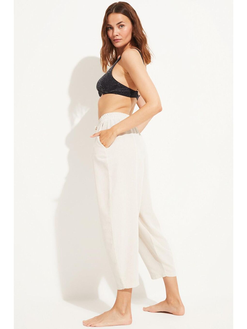 Bej Beli Lastikli Viskon Pantolon-3