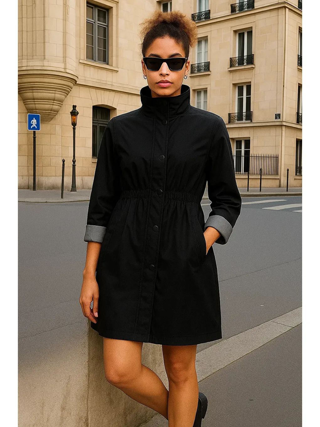 Kadın Büzgülü Premium Siyah Kısa Trençkot-2