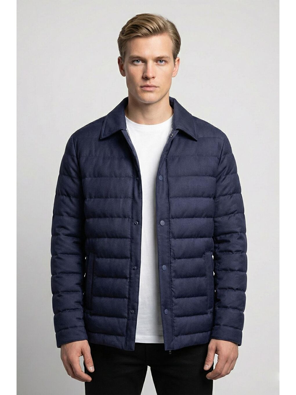 Giotelli Lacivert Regular Fit Yünlü Ceket Yaka Kapitone Erkek Mont