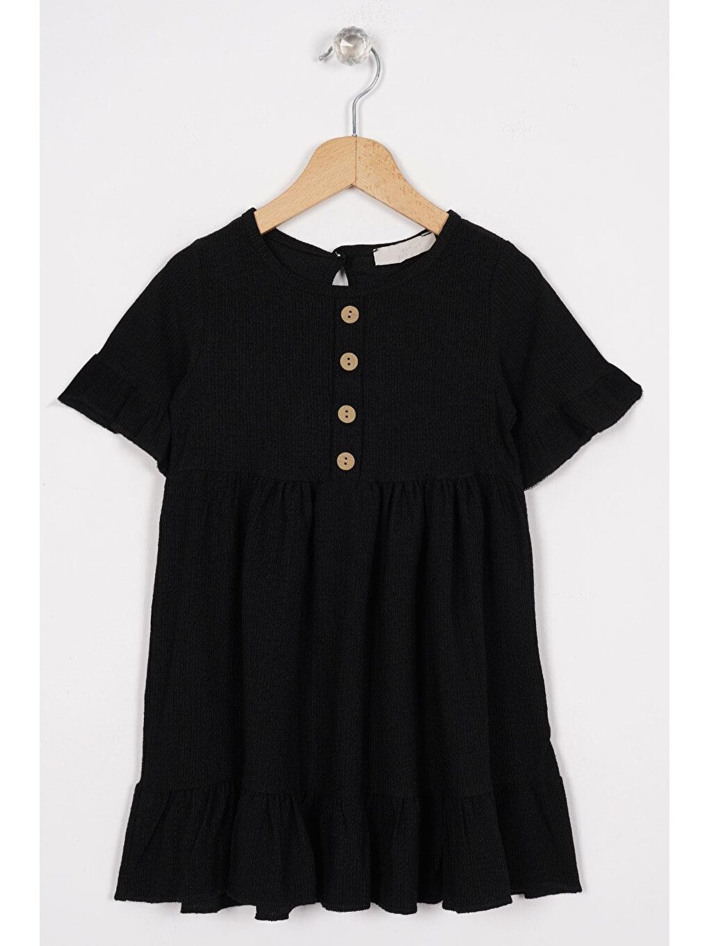 Bisiklet Yaka Kısa Kol Fırfırlı Düğmeli Siyah Renk Kız Çocuk Elbise