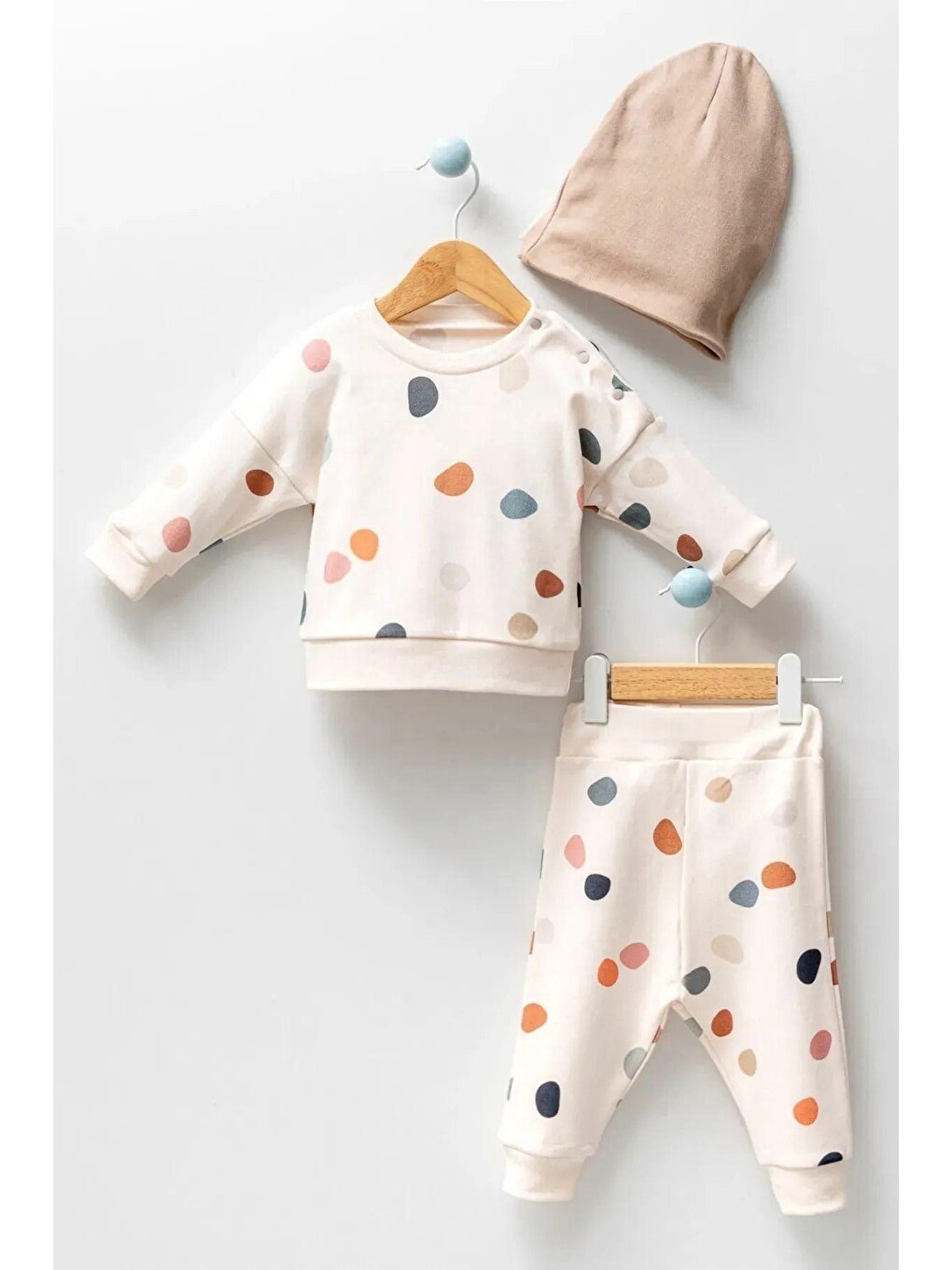 Bej Organik Kumaş Desenli 2'li Unisex Bebek Takım