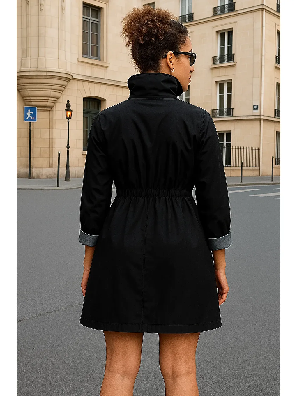 Kadın Büzgülü Premium Siyah Kısa Trençkot-4