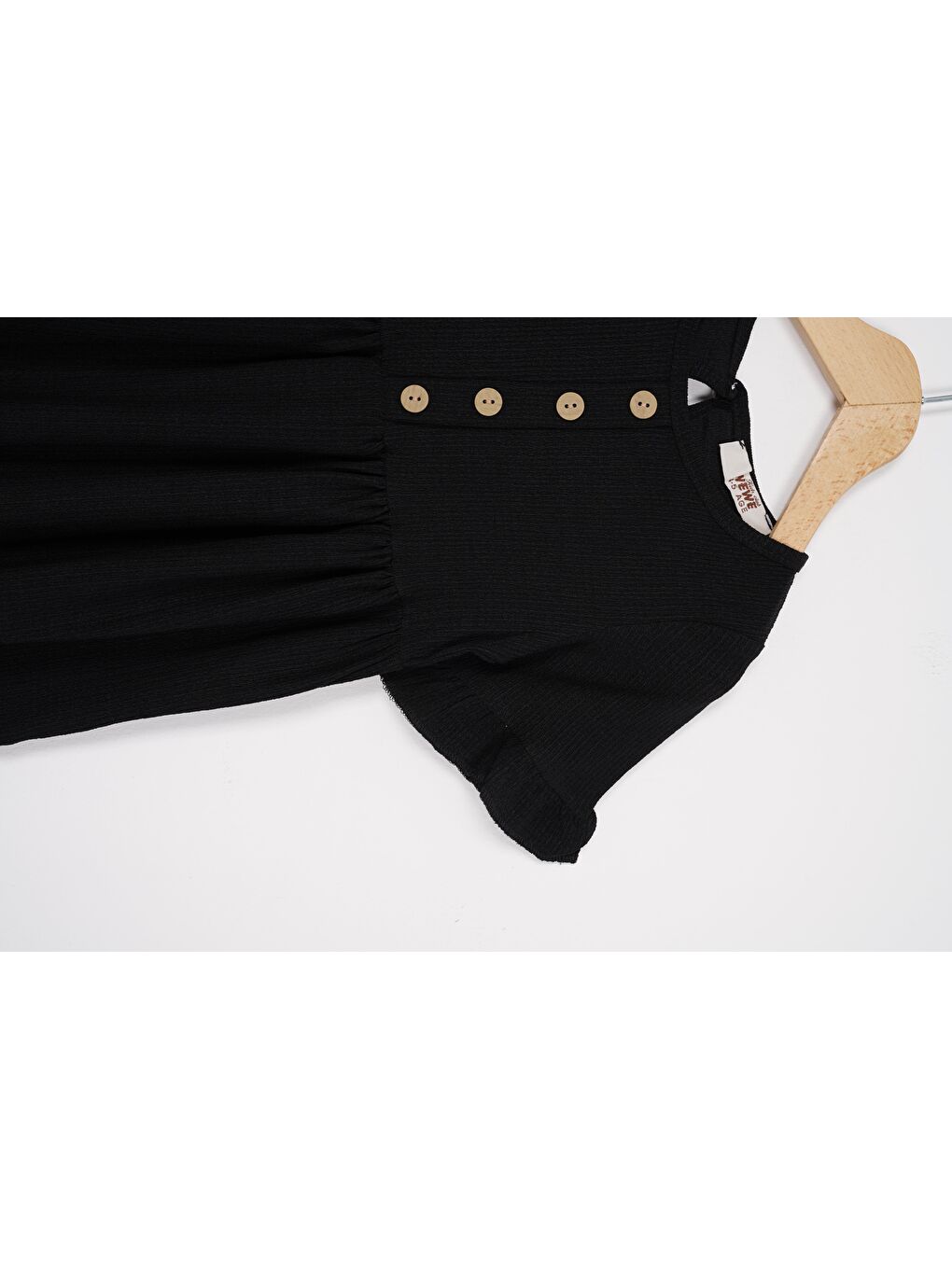 Bisiklet Yaka Kısa Kol Fırfırlı Düğmeli Siyah Renk Kız Çocuk Elbise-1