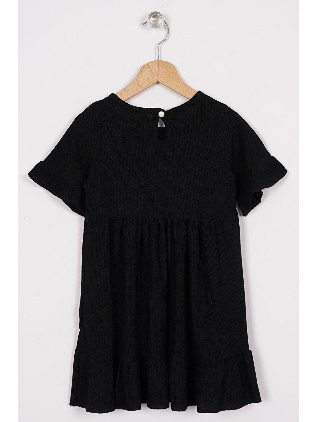 Bisiklet Yaka Kısa Kol Fırfırlı Düğmeli Siyah Renk Kız Çocuk Elbise-2